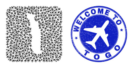 Vector mosaic Togo map of aeroplane items and grunge Welcome seal. Mosaic geographic Togo map created as subtraction from rounded square with sky jets.