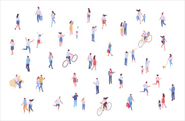 Fototapeta na wymiar Isometric vector background people. City street, park. Different people walking outdoor, riding bicycle, sitting on bench, walking with friends, pets. Family together. Flat vector isolated.