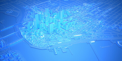 blue plain low poly modern downtown with coastline above view