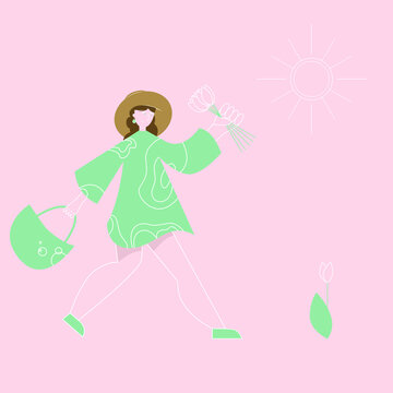 Vector illustration. Collects flowers. Tulips. Holiday, the eighth of March, happiness. Spring, weather, sun, heat, a pretty girl walking around, going. journey
