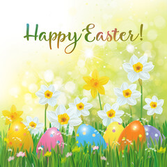  Easter eggs in grass and daffodils, Happy Easter greeting card. Illustration.