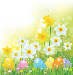  Easter eggs in grass and daffodils, Happy Easter greeting card. Illustration.