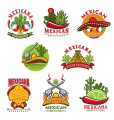 Mexican restaurant vector icons, cartoon emblems with traditional symbols of Mexico. Cacti, jalapeno chili peppers and sombrero, aztec idol and pyramis, steaming guns, lime slice and maracas signs set