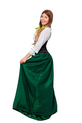 Fototapeta premium Woman in green skirt, black corset and white shirt posing isolated on white background. Saint patrick's day and oktoberfest celebration concept.