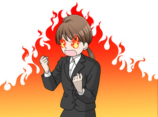 気合を入れてメラメラと燃えているスーツを着た茶色い髪の女性