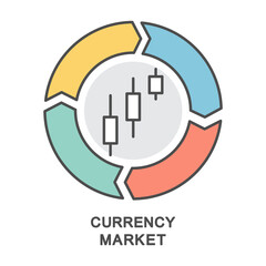 Icon – currency market. Diagram of changes in the rate of foreign currency for the implementation of the purchase and sale. The thin contour lines with color fills.