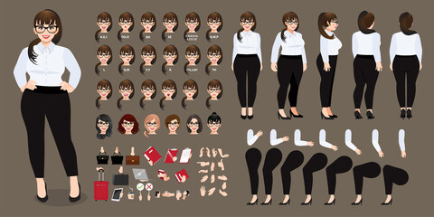 Plus size businesswoman cartoon character in white shirt creation set with various views, hairstyles, face emotions, lip sync and poses. Parts of body template for design work and animation