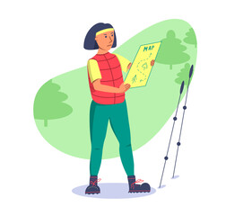 Girl is looking intently at the orienteering map on a hiking trail in the forest, dressed in large hiking boots and comfortable sportswear. Bright and color vector illustration of a healthy lifestyl