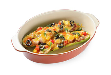 Baking dish with delicious stuffed zucchinis on white background