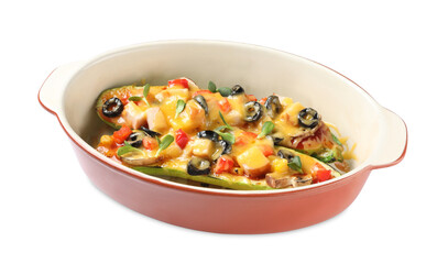 Baking dish with delicious stuffed zucchinis on white background