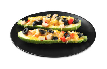 Plate of delicious stuffed zucchini on white background