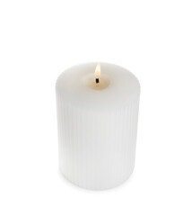 New pillar wax candle burning on white background
