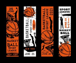 Basketball sport league vector flyers, invitation on tournament vintage grunge cards with sportsman player jumping throwing ball in hoop on arena. New York league, college game, championship cards set © Vector Tradition