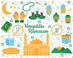 Hosgeldin Ramazan, translation from turkish Welcome Ramadan. Set of holy Ramadan Kareem elements.Muslim festival Ramazan. Eid mubarak,Islamic celebration icons. Isolated on a white. Flat illustration.