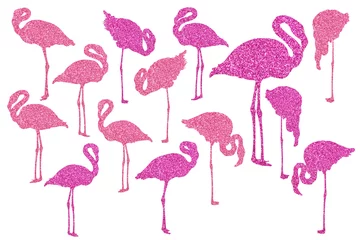 Foto auf Acrylglas Flamingo Flamingo-Silhouetten mit glitzernder rosa Textur. ClipArt-Set auf weißem Hintergrund.