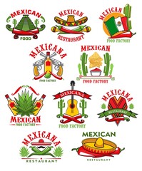 Mexican restaurant vector icons, cartoon emblems with traditional symbols of Mexico. Cacti, jalapeno chili peppers and sombrero, guitar, aztec pyramid, poncho and guns, lime, agave and maracas set