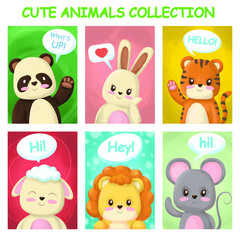 Bright cards with cute animals. Hare, tirg, mouse, panda, lamb, lion with quick answers text. Drawn characters. Vector illustration.