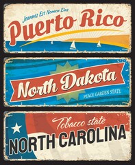 Puerto Rico, North Dakota and North Carolina states metal plates. United States of America region shabby retro sign, old signboards with inscription vintage typography, flag and rust texture vector