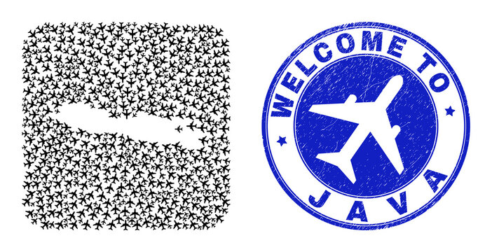 Vector collage Java Island map of aviation elements and grunge Welcome seal stamp. Collage geographic Java Island map constructed as carved shape from rounded square shape using air flights.