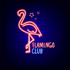 Flamingo. Neon sign. Bright. Brick wall. Icon. For your design.