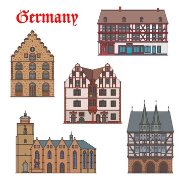Germany landmarks architecture, churches in Hessen, vector German travel buildings. Stumpfhaus in Alsfeld, Hochzeithaus and Rathaus town hall, Weinhaus and Walpurgis-Kirche church