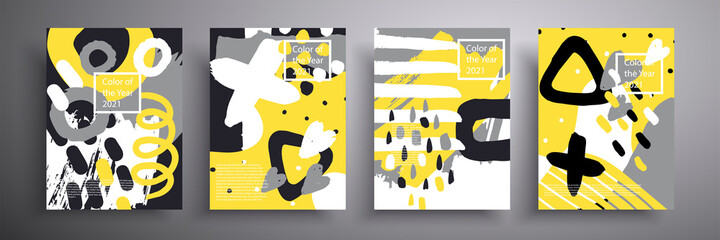 Set of minimalistic posters with abstract composition of geometric shapes in trendy color 2021. Gray and yellow. A beautiful background that is applicable for cover design, poster, brochure.