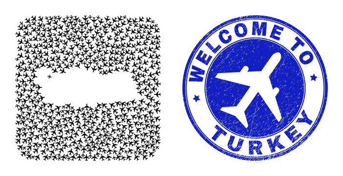 Vector mosaic Turkey map of tourism elements and grunge Welcome seal. Mosaic geographic Turkey map designed as carved shape from rounded square shape using air vehicles.