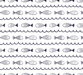 Blue waves, fish simple nautical seamless pattern on white background. Hand drawn Scandinavian style vector illustration. Line art. Design concept for kids fashion print, textile, wallpaper, packaging