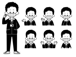 マスクをしている男性職員の表情セット-白黒