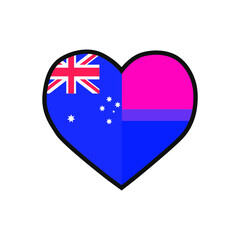 Vector illustration of the heart filled with Australian flag and the Bisexual pride flag on white background.