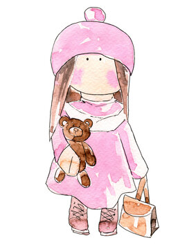 Watercolor illustration of a tilda doll with a teddy bear in pink dress