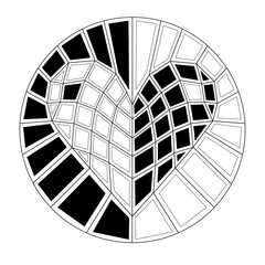 Black and white heart. Yin Yang. Stained glass heart. Geometric hearts. Print on bags, T-shirts, covers, packages