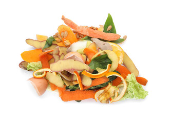 Pile of organic waste for composting on white background, top view