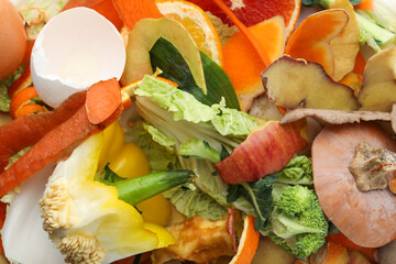 Pile of organic waste for composting as background, closeup