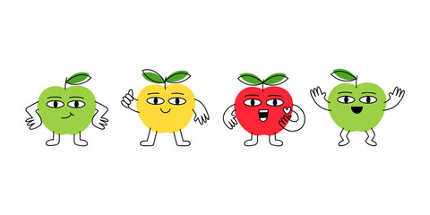 Cartoon apples in different poses with funny face. Colorful vector illustration isoleted on a white background.