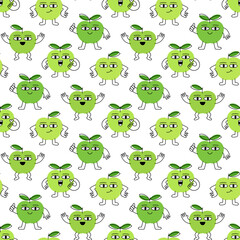 Obraz premium Seamless pattern with cartoon green apples in different poses with funny face. Creative print for apparel, decoration, packaging, wrapping paper etc. Colorful vector illustration.