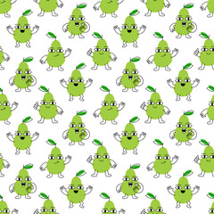 Seamless pattern with cartoon green pears in different poses with funny face. Creative print for apparel, decoration, packaging, wrapping paper etc.