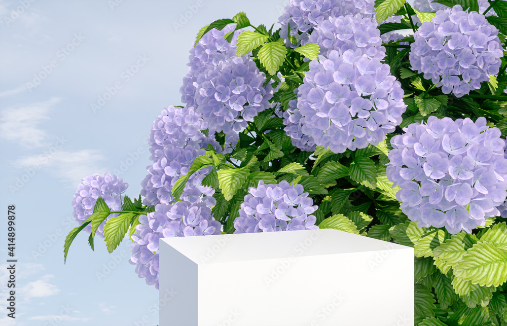 Aufkleber natural beauty podium backdrop for product display with hydrangea flower. 3d render.