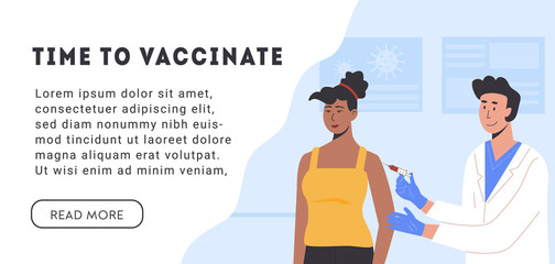 African woman taking Vaccine. Young doctor with syringe and injection. Covid-19 Coronavirus Adult Vaccination Calendar Concept. Banner or poster with caption Time To Vaccinate. Vector illustration.