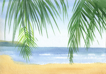 Fototapeta na wymiar Tropical beach with palm trees. Watercolor painting. Tropical landscape. Sand and sea. Stock illustration.