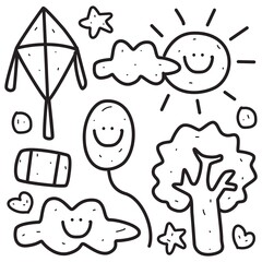 hand drawn kawai doodle cartoon designs for wallpaper, stickers, coloring books, pins, emblems, logos and more