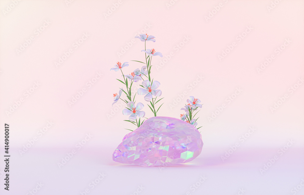 Aufkleber beauty fashion podium backdrop for product display with abstract iridescent gem stone. 3d render.