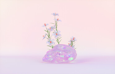 Beauty fashion podium backdrop for product display with abstract iridescent gem stone. 3d render. 