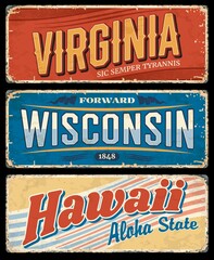 USA state grunge vector signs of Hawaii, Virginia and Wisconsin, American travel or tourism design. Vintage plates and retro postcards with Aloha, Sic Semper Tyrannis and Forward state letterings