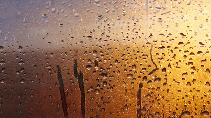 Drops condensation on the clear glass window. Water drops. Abstract background texture,...