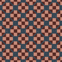 Moroccan geometric vector pattern background. Grid backdrop with teal, pink, burgundy stone terrazzo textured rhombus and squares. Modern Moorish block repeat with tiled square and rectangular shapes.