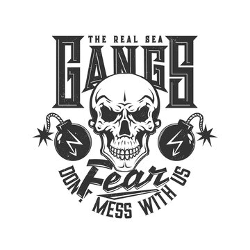 Skull, pirate t-shirt print, skeleton and bombs vector icon. Sea gang Caribbean pirate vintage dead jolly Roger tattoo, black scary dead skull grim with cannon TNT bombs, Dont Mess with US quote