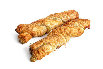 Wicker bun, made of puff pastry, with a crisp golden crust on white