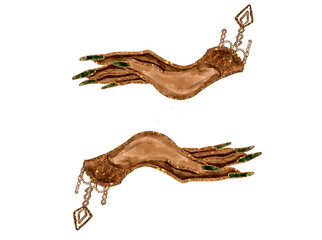 Palmistry golden hands with golden bracelets. Hand drawn watercolor magic brown hands with golden decorations. Isolated on white background. Trendy mystery, magic, occult, esoteric design. Tarot cards