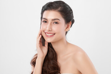 Beautiful young asian woman with clean fresh skin on white background, Face care, Facial treatment, Cosmetology, beauty and spa, Asian women portrait